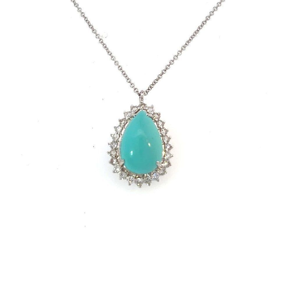 Persian Turquoise Diamond Pendant With Chain 17" 14k WG 9.9 TCW Certified 307918